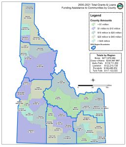 A map of total fiscal year 2021 grants and loans in Idaho.