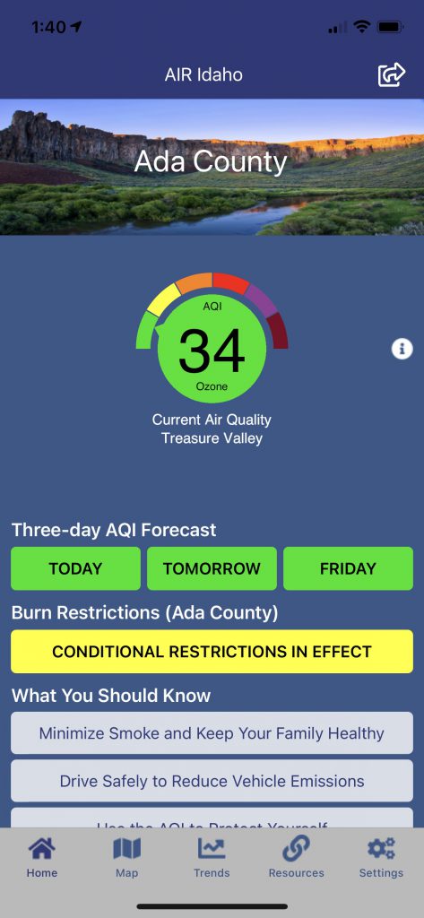 Screenshot of DEQ's mobile app, AIR Idaho.