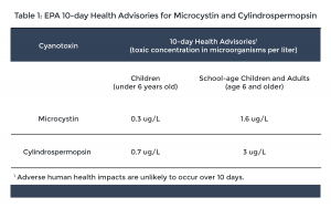 Microcystin, 0.3 ug/L, children (under 6 years old) and 1.6 ug/L, School-age children and adults (age 6 and older). Cylindrospermopsin, 0.7 ug/L children (under 6 years old) and 3 ug/L, school-age children and adults (age 6 and older). Adverse human health impacts are unlikely to occur over 10 days.